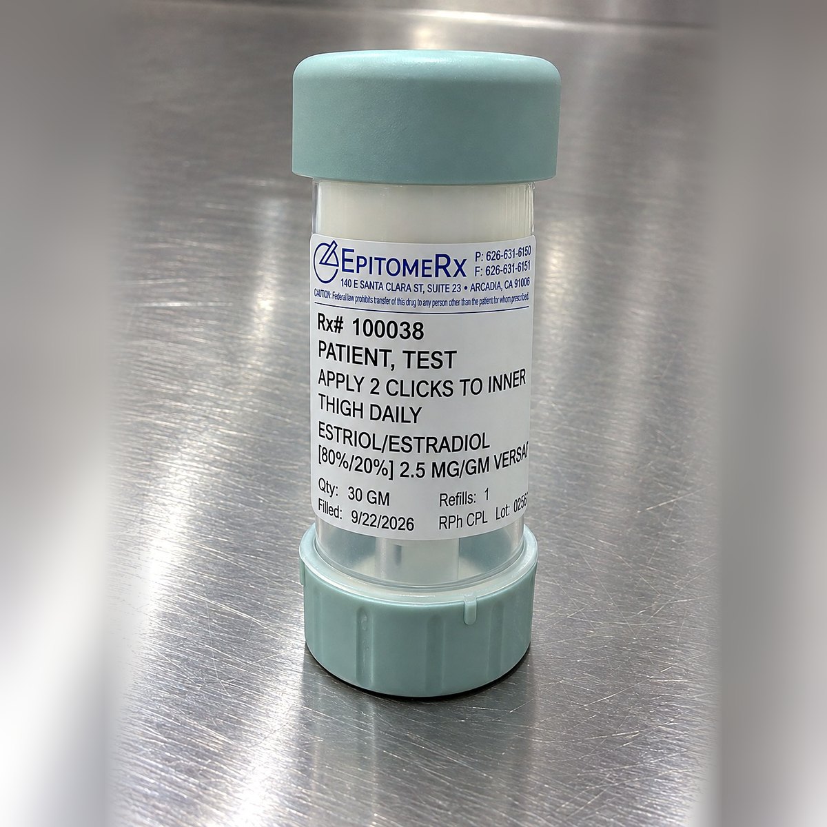 Bi-Est cream in an EpitomeRx-labeled metered-dose dispenser