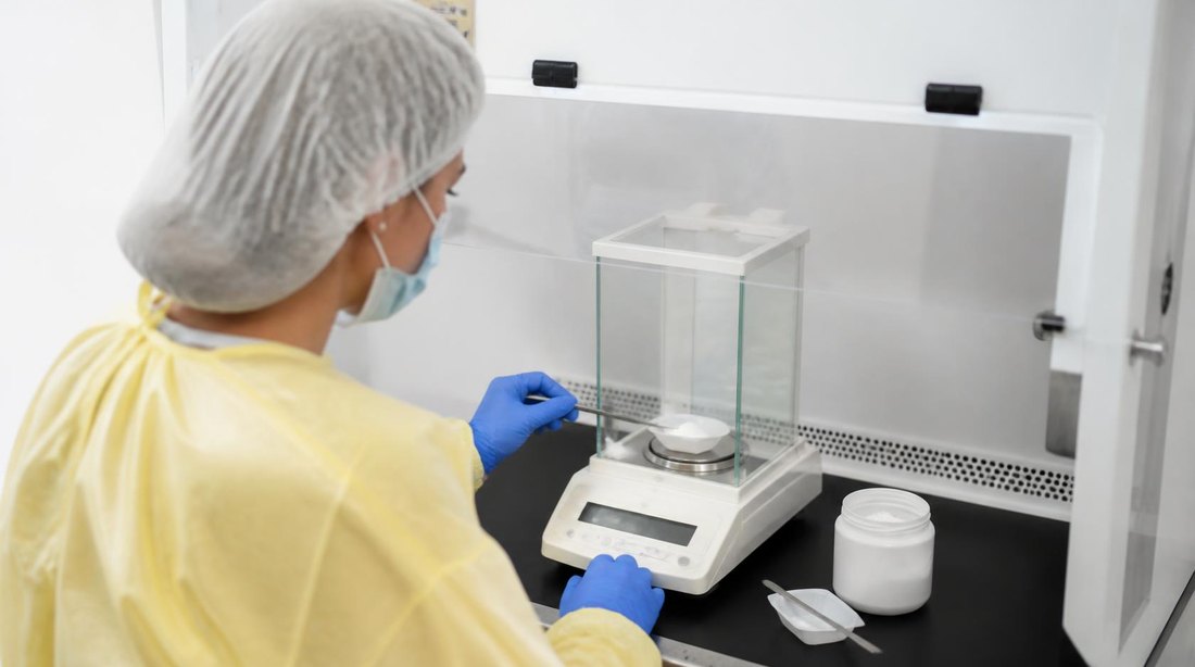 Pharmacist in a protective gown weighing powder on an analytical balance inside a containment hood (illustrative image)