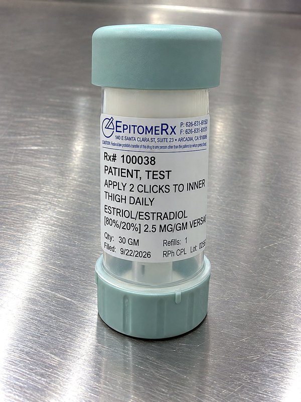 EpitomeRx-labeled metered-dose dispenser of compounded hormone cream