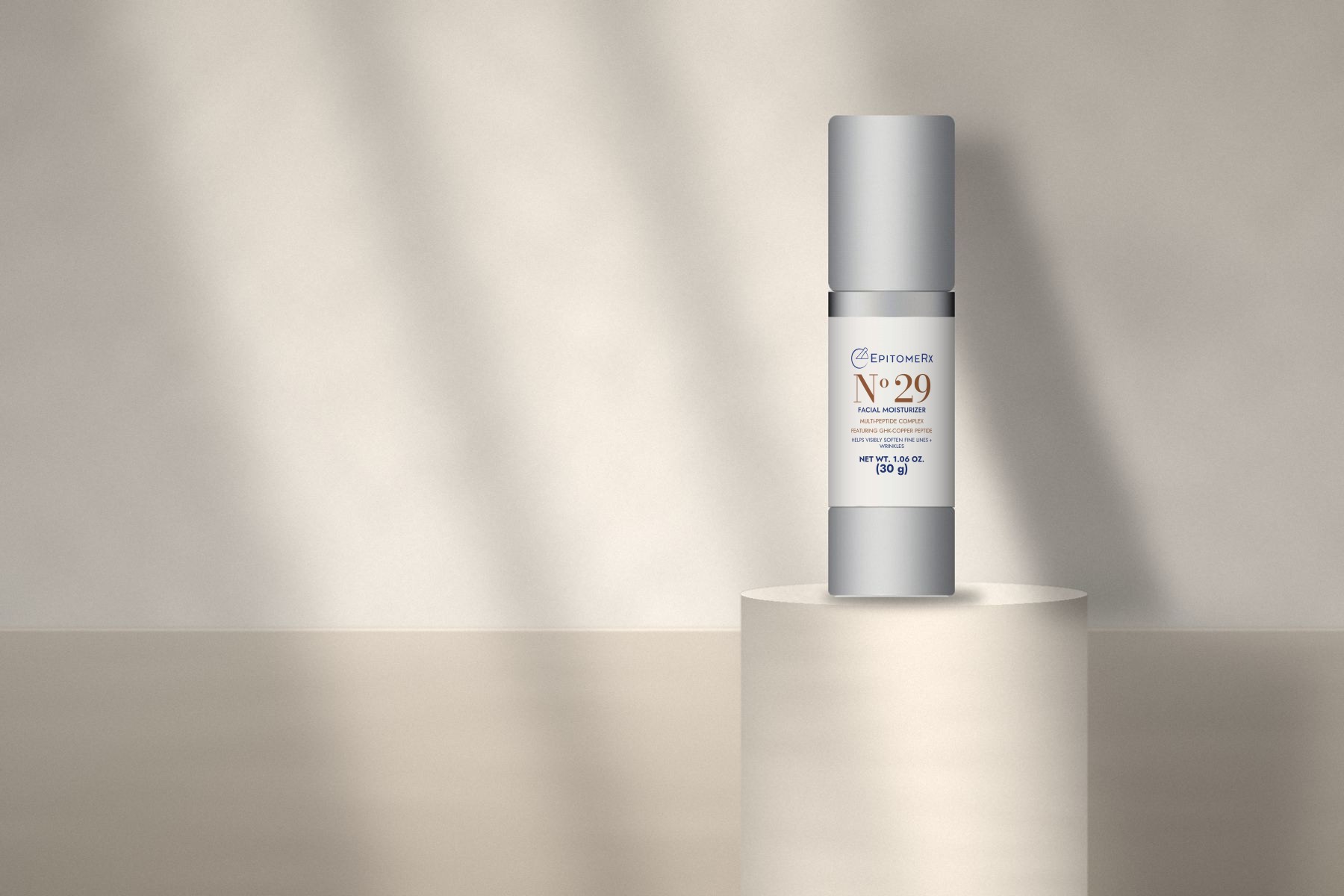 Nº 29 copper peptide cream bottle on a travertine plinth