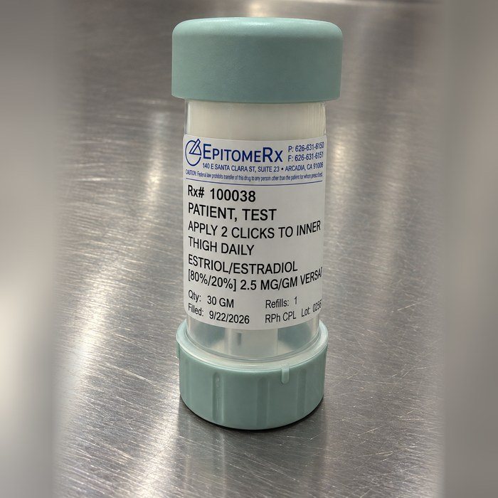 Compounded hormone cream in a metered-dose dispenser with an EpitomeRx pharmacy label